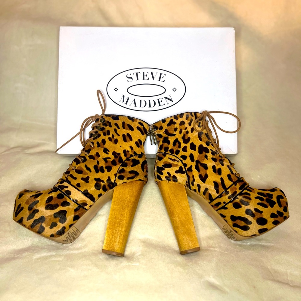 Size 7.5, calf-skin, Leopard, Steve Madden heeled boots